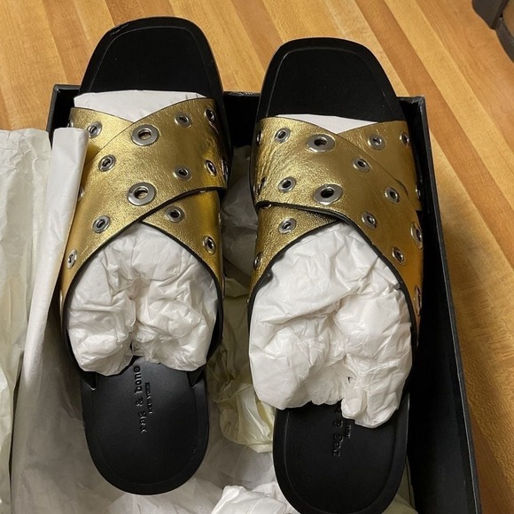 NWT Rag & Bone Paige Crisscross Gold Slide Sandals Size 39/9 - Picture 2 of 7